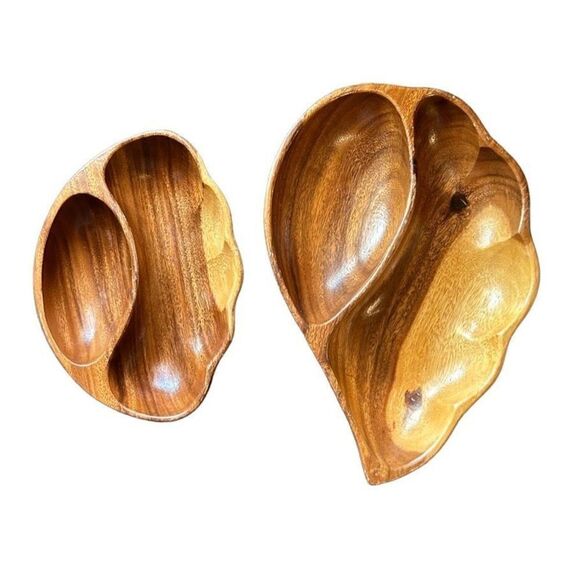 Vintage Kahana Woods Monkeypod Set of 2 Divided Chip Dip Serving Dishes - Picture 1 of 6